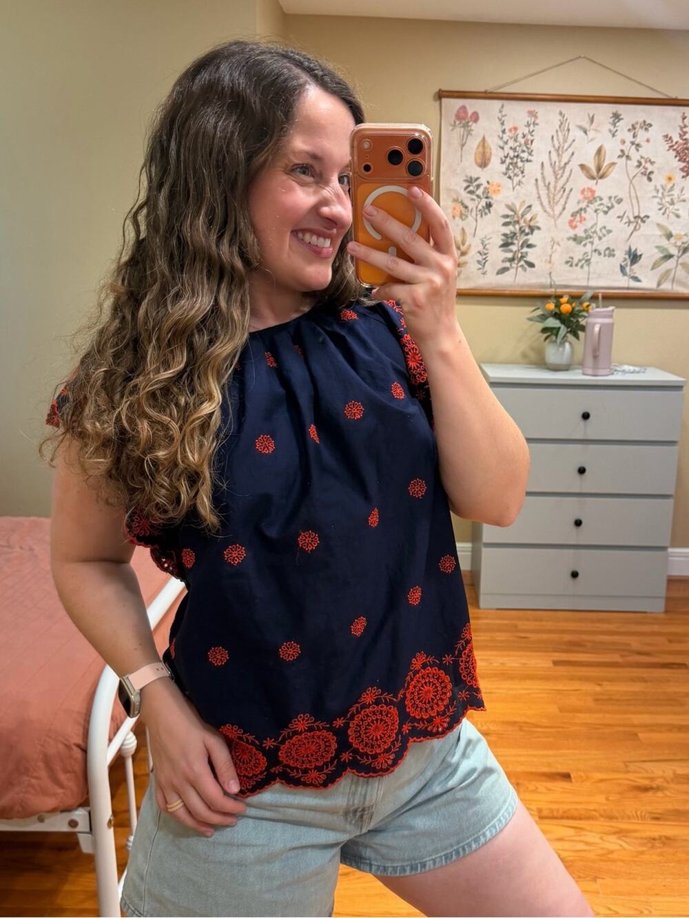 GAP Navy Short Sleeve Top with Red Embroidery Cotton XS